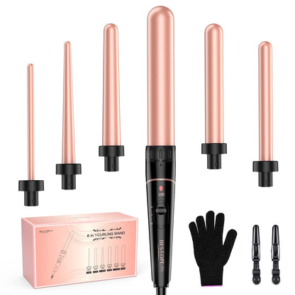 Long Barrel Curling Iron Wand Set, BESTOPE PRO 6 in 1 Curling Wand Set with Ceramic Barrel for Long/Medium Hair, 0.35"-1.25" Interchangeable Hair Wand Curler, Dual Volts, Include Glove & Clips - Black