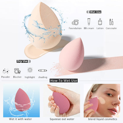8Pcs Makeup Sponges Set- 7Pcs Beauty Sponge Blenders and 1 Bottle 1 Holder for Blending Foundation, Cream and Powder (Pink, Metal Holder-Can Packaging)