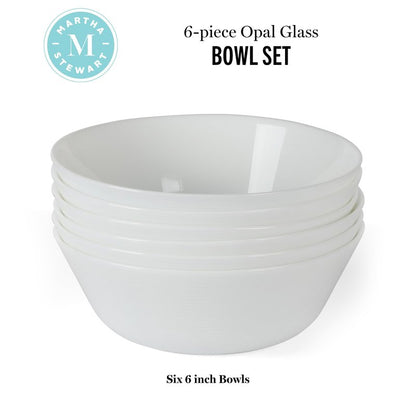 Martha Stewart Opalton 6-Piece 6-Inch Soup and Cereal Bowls – Lightweight, Chip and Break Resistant Opal Glass Bowls for Everyday Use