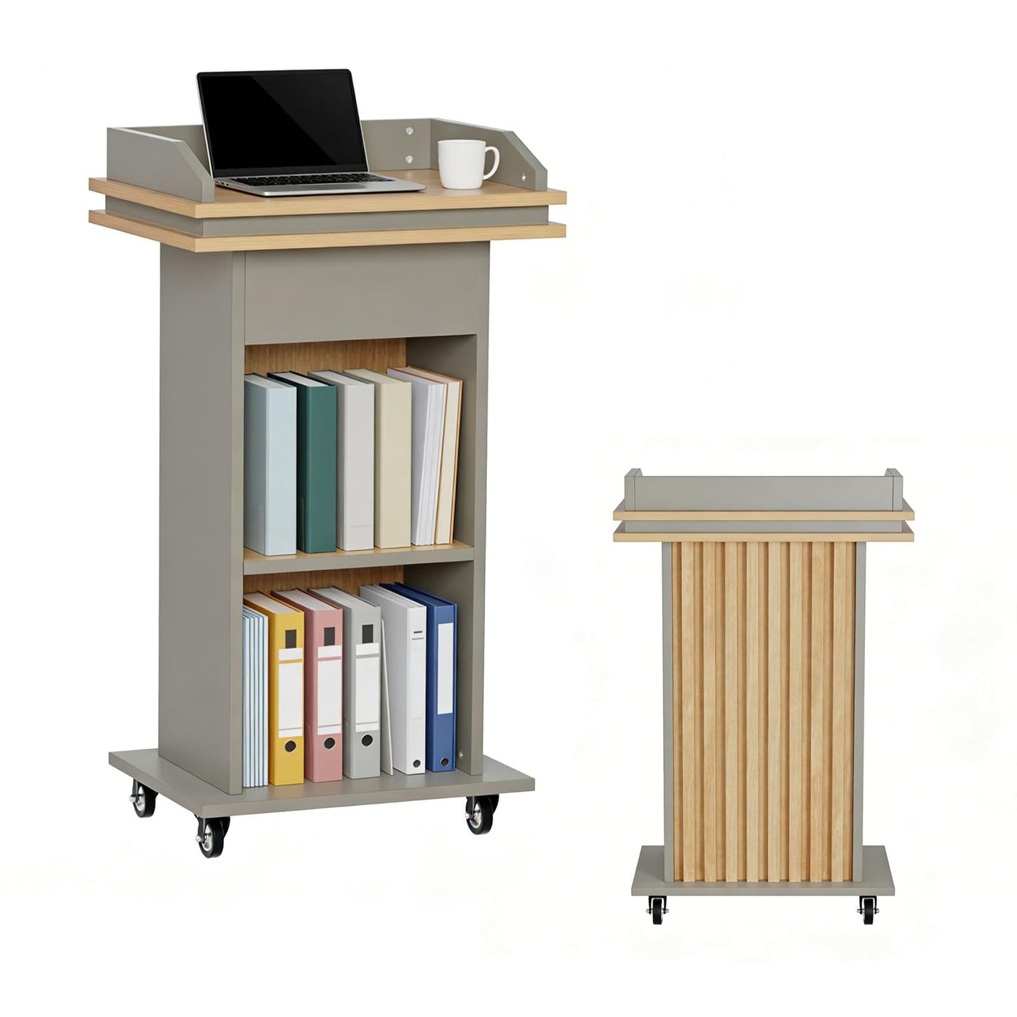 HPLWYM Podium Stand with Wheels, Wood Lectern Stand with Drawer and Double-Layer Storage Space, Mobile Pulpits for Churches, Portable Podium for Speech, Church, Office, Classroom, Conference