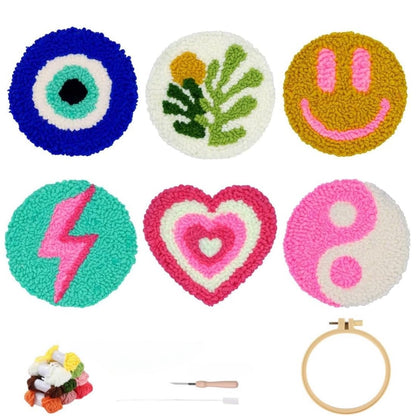 YEESAM ART Punch Needle Kit with Evil Eye Flowers Yin Yang Set of 6 Patterns, Full Set DIY Punch Needle Tufting Coaster Yarn Rug Embroidery Set with Hoop Tool, Easy Craft for Adults Beginners