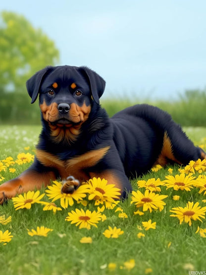 UIBDVKS Rottweiler Dog Diamond Painting Kits, Dogs in The Grass 5D Round Diamond Embroidery for Adults Interactive, for Wall Decor Bathroom Decor or Gift for Friends 12x16 Inch