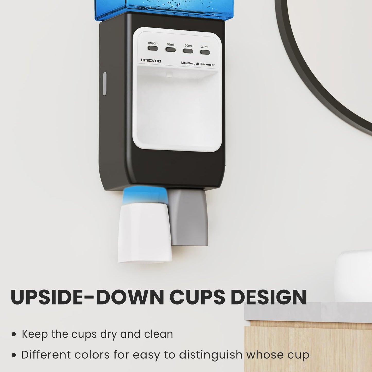 WOVAZUS Auto-Mouthwash Dispenser for Bathroom - 700mL Rechargeable Wall-Mounted with 2 Magnetic Cups, 3 Smart Levels, No-Drill Installation for Kids & Adults (12-Month Battery)