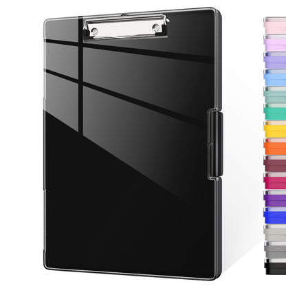 Piasoenc Clipboard with Storage, 8.5 x 11 Clip Boards with 2 Storage Case and A4 Paper Folder, Clear Dry Erase Top Panel, Heavy Duty Plastic, Folio & Side Opening, for Nurses, Teachers, Lawers,Black