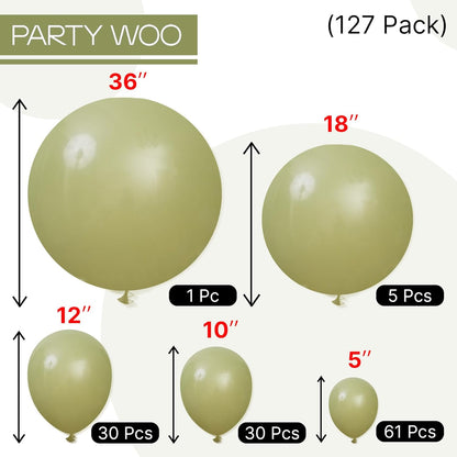 PartyWoo Sage Green Balloons - 127-Piece Latex Balloon Arch Kit for Weddings & Birthdays | Olive Boho Decor