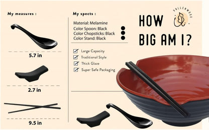 12 Pieces Ramen Set: 4 Black Spoons, 4 Chopsticks, 4 Stand Rest, Unbreakable Melamine for Japanese and Chinese Food