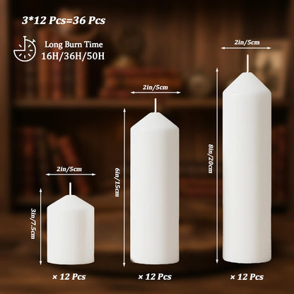 Trxvxo White Pillar Candles Bulk Set of 36，Hurricane Candles，3 Different Lengths 2 x 3/6/8 Inch (12 Each)，Dripless Unscented Smokeless，Gives You a Better Atmosphere When Organizing an Event Party.