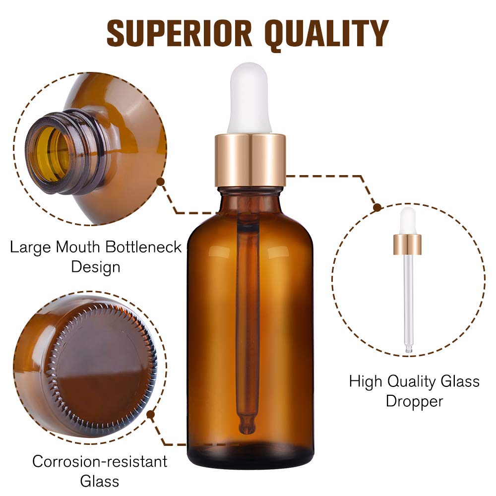 PrettyCare 1oz Glass Dropper Bottle Set of 24, Thick Amber Empty Bottles with Leakproof Golden Caps, Labels, Funnels - 30ml Eye Dropper Bottles for Storage, Essential Oils, Tincture