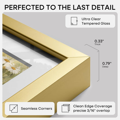 Homeforia 8x8 Picture Frame Gold, High End Metal 8 x 8 Square Photo Frames with Mat 6 by 6, 8x8 Poster Frame Matted to 6x6 inches Print, 8by8 Wall or Tabletop Frame, Tempered Glass, Wall Kit, Set of 1
