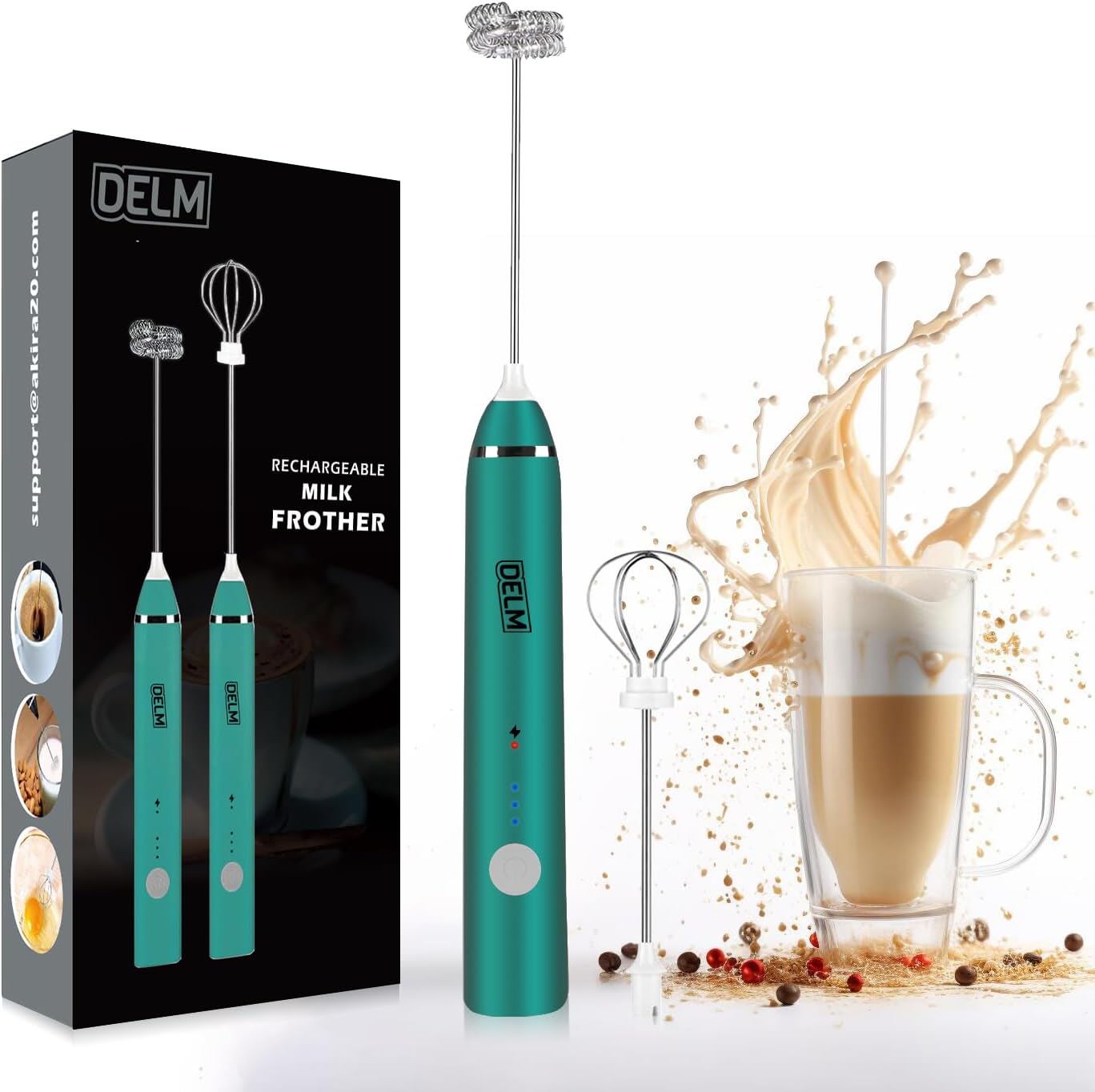 DELM Electric Milk Frother, Rechargeable Handheld Drink Mixer, Kitchen Aid, USB Rechargeable Bulletproof Frother (Green)