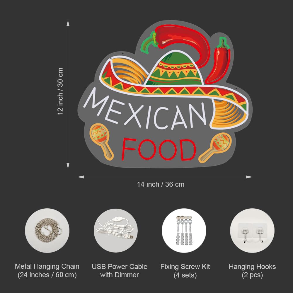 Mexican Food Neon Sign, USB Powered LED Lights, 14"x12", Restaurant Window Wall Decor, Clear Acrylic Backboard, Easy to Install, for Taqueria, Burrito Bar, Taco Stand, Latin Grill, and Food Truck