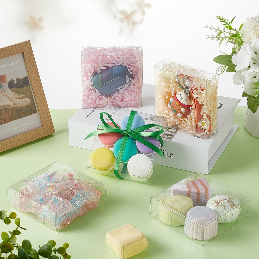 BENECREAT 20Pcs Clear Gift Boxes, 3.5x3.5x1.2inch PVC Wedding Favour Boxes for Candy Chocolate, Birthday Present Contains, Party Favor, Festival Gift Packaging
