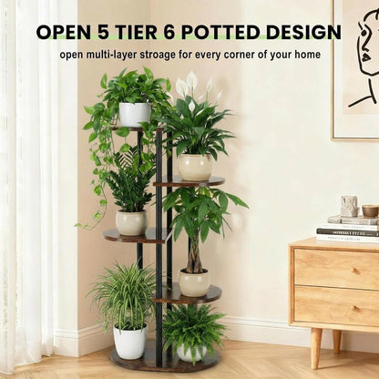Korrie Home 5 6 Tiered Plant Stand Indoor, Tall Tier Potted Wooden Plant Shelf for Multiple Flower Plants, Multi Corner
