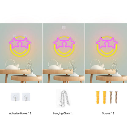 Lightning Eyes Smile Neon Sign – 13"x12.2" LED Wall Light with 5-Level Dimmable Brightness – Fun Room Decor for Bedroom, Dorm, Gaming Room, Bar, Bachelorette, Wedding & Birthday Party (Star Eyes)