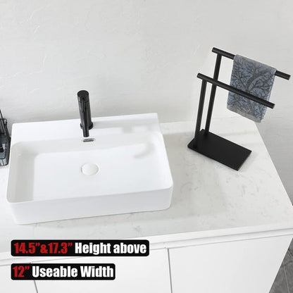 JQK Hand Towel Holder Stand Black, Modern Tree Rack Free Standing for Countertop with 12 Inch 2 Bars, 304 Stainless Steel Matte Black 9.45x5.12 Inch Base, HTT172-PB