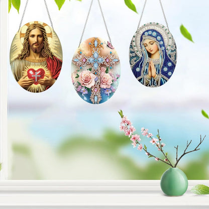 MaiYiYi 3 PCS Religious Series Virgin Mary Jesus Diamond Painting Hanging Pendant Kit, Special Gem Acrylic Cross Diamond Art Painting Ornaments Window Pendants for Adult Home Wall Art Decor