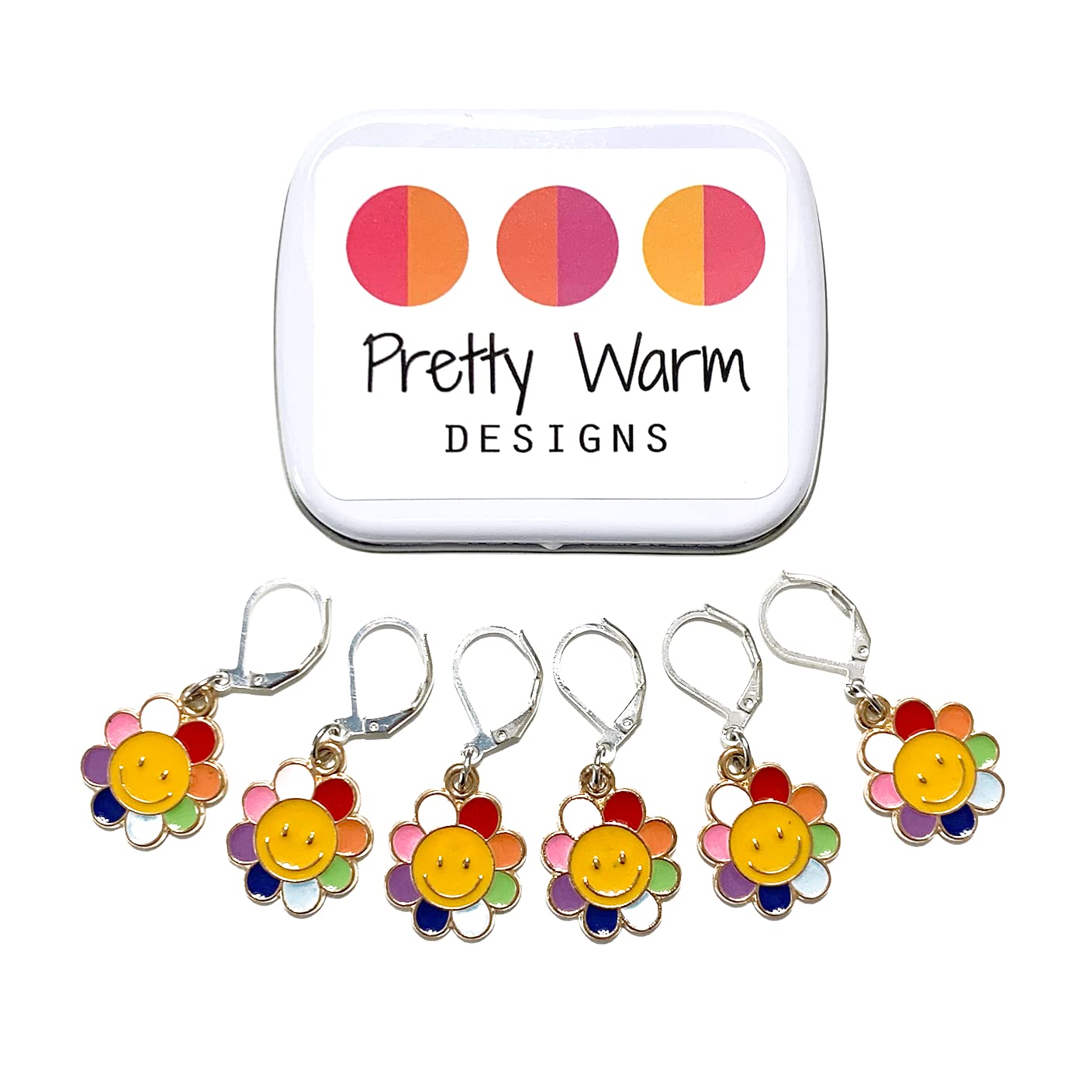 Pretty Warm Designs Retro Flower Faces Locking Stitch Markers - Y2K Kawaii Boho Yarn Accessories for Crochet and Knitting - Set of 6 Handmade Pieces in Hinged Organizer Tin