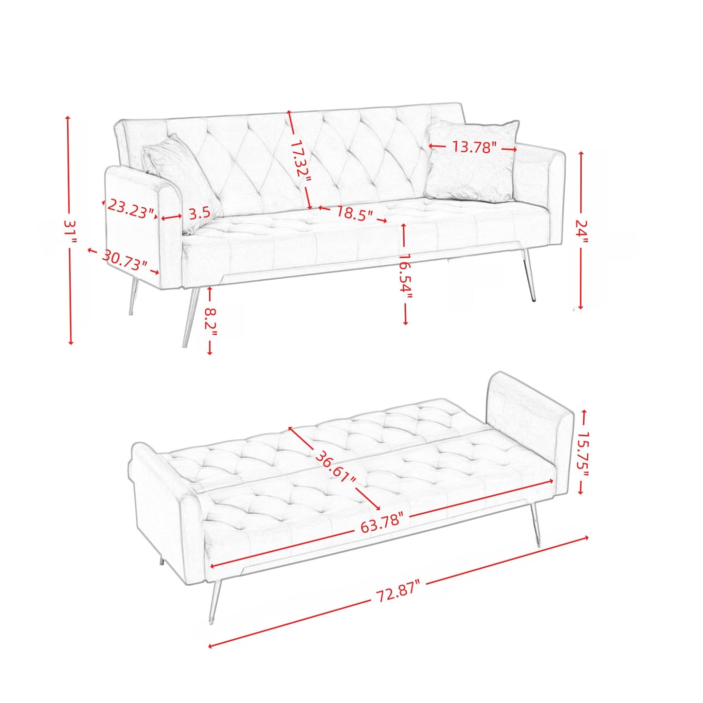 KEIKI 72" Futon Sofa Bed, 2-in-1 Loveseat, Velvet Upholstered Couches for Living Room, Sofa Sleeper for Small Space, Comfy Rest Folding Bed, Modern Apartment Essentials for Bedroom, Gray