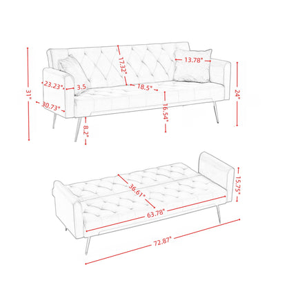 KEIKI 72" Futon Sofa Bed, 2-in-1 Loveseat, Velvet Upholstered Couches for Living Room, Sofa Sleeper for Small Space, Comfy Rest Folding Bed, Modern Apartment Essentials for Bedroom, Gray