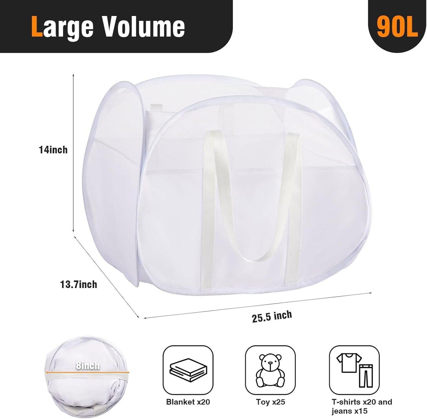 TECHMILLY Pop Up Foldable Laundry Basket, 90L Large Capacity Hamper for Dirty Clothes Storage, White