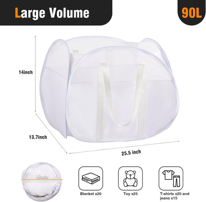 TECHMILLY Pop Up Foldable Laundry Basket, 90L Large Capacity Hamper for Dirty Clothes Storage, White