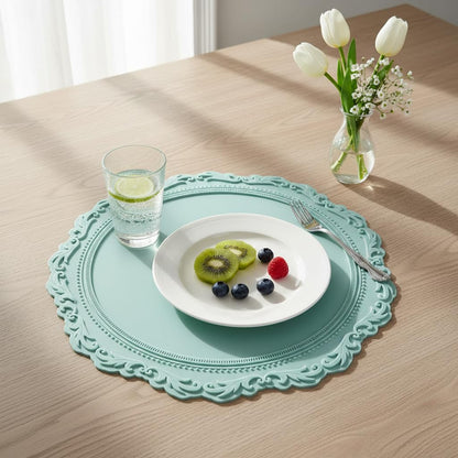 2 Pack Round Silicone Placemats Set, 13.38 Inch Diameter European Style Decorative Table Mats, Heat Resistant Waterproof Non-Slip Easy Clean Dish Mats for Dining Table & Kitchen Counter (Green)
