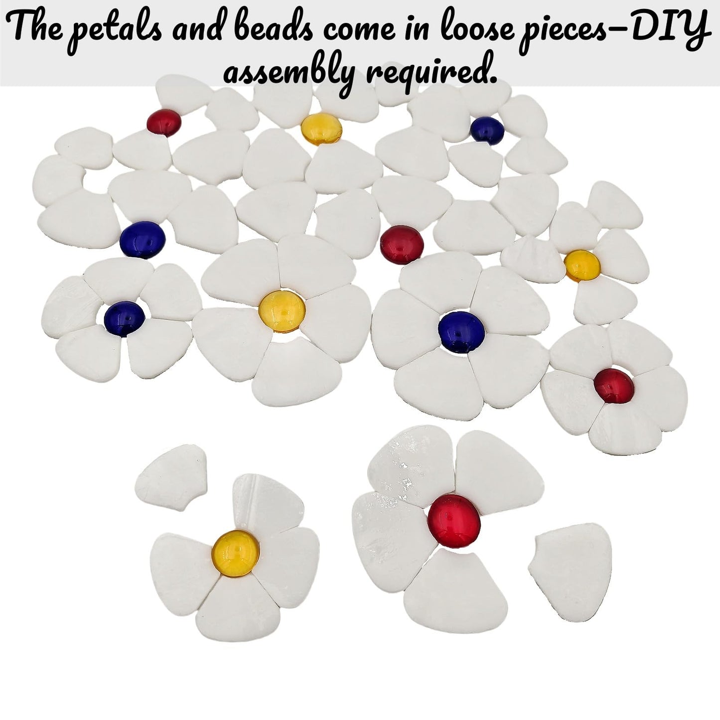 Esweny 12 Flower Stained Glass Mosaic Tiles - 2 Size Floral Petals & Flat Bead Mosaic Glass Pieces for DIY Art Crafts (White)
