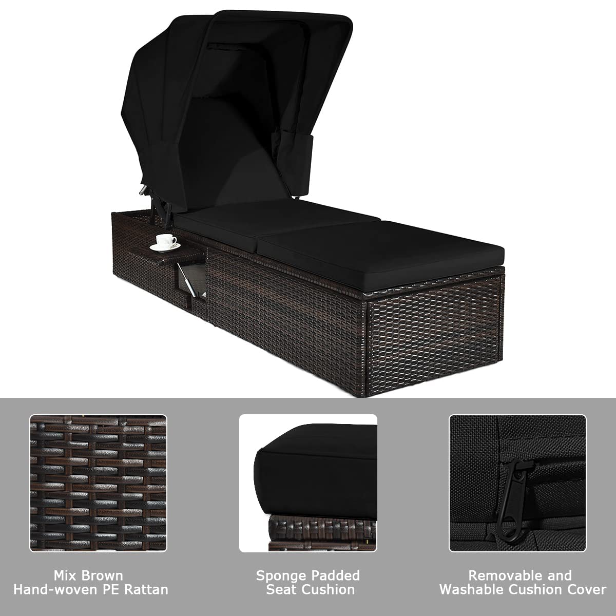 HAPPYGRILL Patio Chaise Lounge with Retractable Canopy, Outdoor Reclining Chair with Adjustable Backrest, Rattan Wicker Daybed with Coffee Table for Beach Poolside Backyard Balcony Porch
