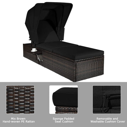 HAPPYGRILL Patio Chaise Lounge with Retractable Canopy, Outdoor Reclining Chair with Adjustable Backrest, Rattan Wicker Daybed with Coffee Table for Beach Poolside Backyard Balcony Porch