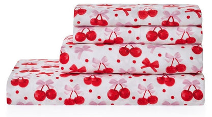 Paris Hilton Queen Size Sheets Set – 4 Piece Bed Sheets with Fitted Sheet, Flat Sheet, 2 Pillow Covers, Fits up to 15" Mattress Deep Pocket Queen Sheet Set for Women, Cherries, Red
