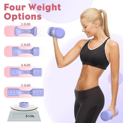 BOBAZREN Adjustable Dumbbell Set of 2, 11Lb/Pair Weights Dumbbells for Women, Each 2.2lb, 3.3lb, 4.4lb, 5.5lb Hand Weights Set for Home Gym Fitness Training (Purple)
