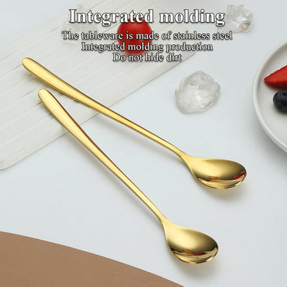 Gold Long Handle Iced Tea Spoons, Set of 12 Pieces, Titanium Plating Gold Stainless Steel Teaspoons, Dishwasher Safe
