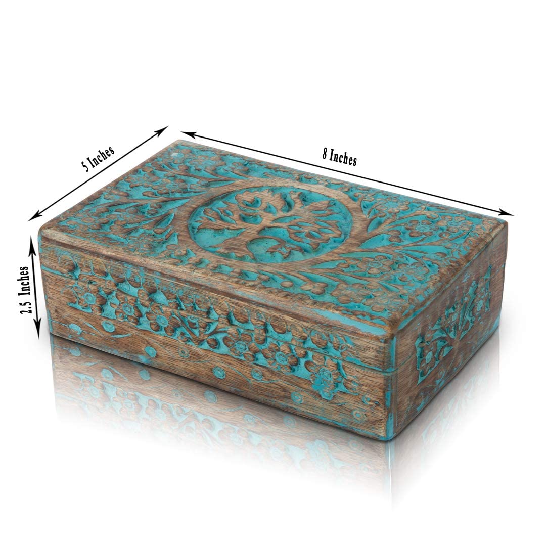 Great Birthday Gift Handmade Decorative Wooden Jewelry Box With Tree Of Life Carving Jewelry Organizer Keepsake Box Treasure Chest Trinket Holder Watch Box Storage Box Housewarming Gifts (Blue)