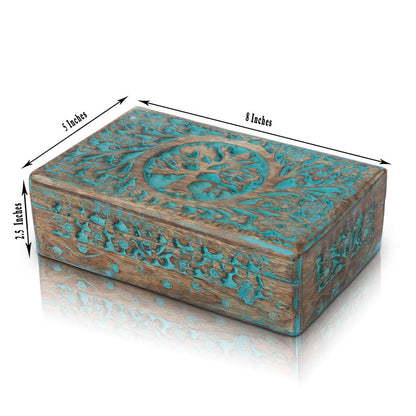 Great Birthday Gift Handmade Decorative Wooden Jewelry Box With Tree Of Life Carving Jewelry Organizer Keepsake Box Treasure Chest Trinket Holder Watch Box Storage Box Housewarming Gifts (Blue)