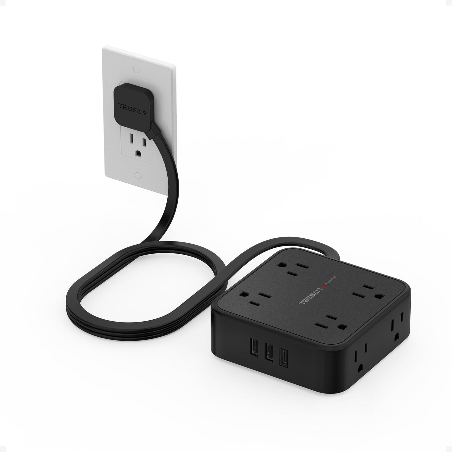 TESSAN Surge Protector Power Strip, 5 Ft Flat Plug Extension Cord with 3 USB (1 USB C) 8 Outlets, 900J Surge Protection, 3 Sided Outlet Extender with Power Switch for Office, Dorm Room Essentials