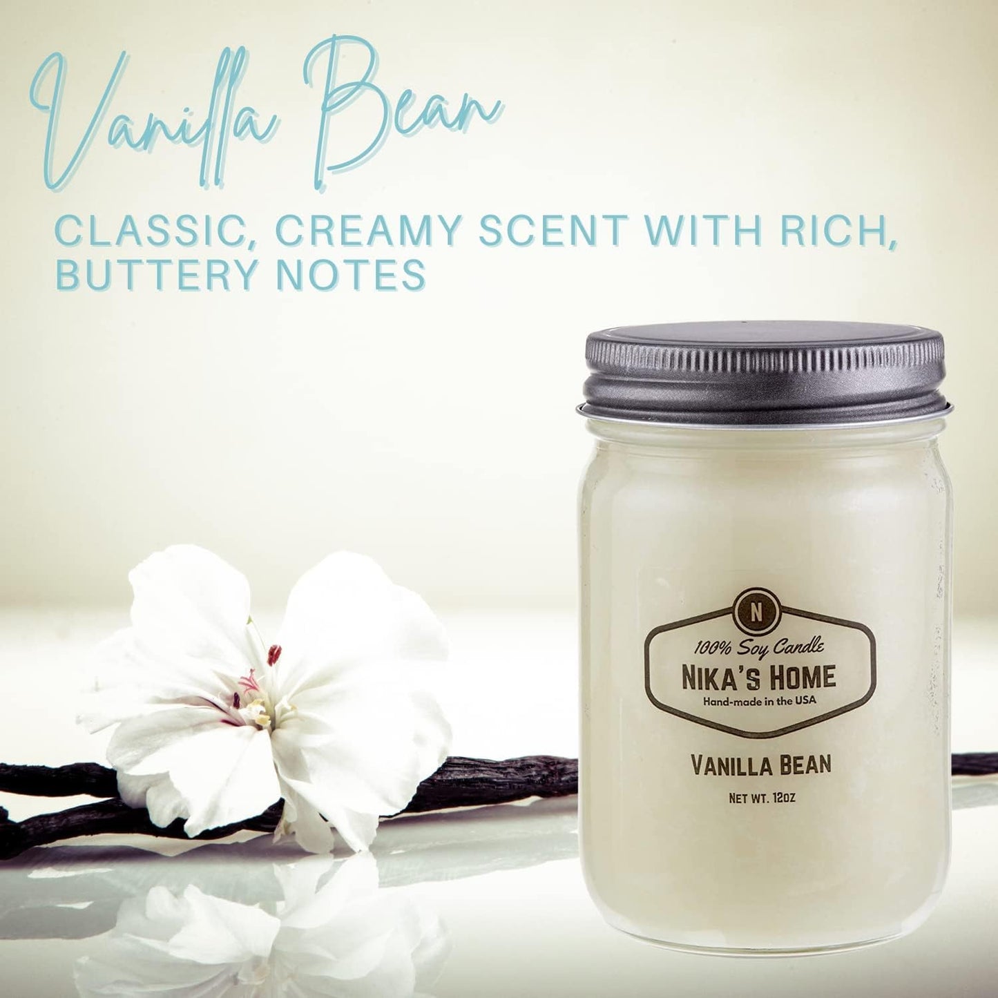 Nika's Home Vanilla Bean 12oz Mason Jar Soy Candles - 2 Pack - Hand Poured Handmade, Long Burning 50-60 Hours Highly Scented All Natural, Clean Burning Large Candle Gift Home Décor