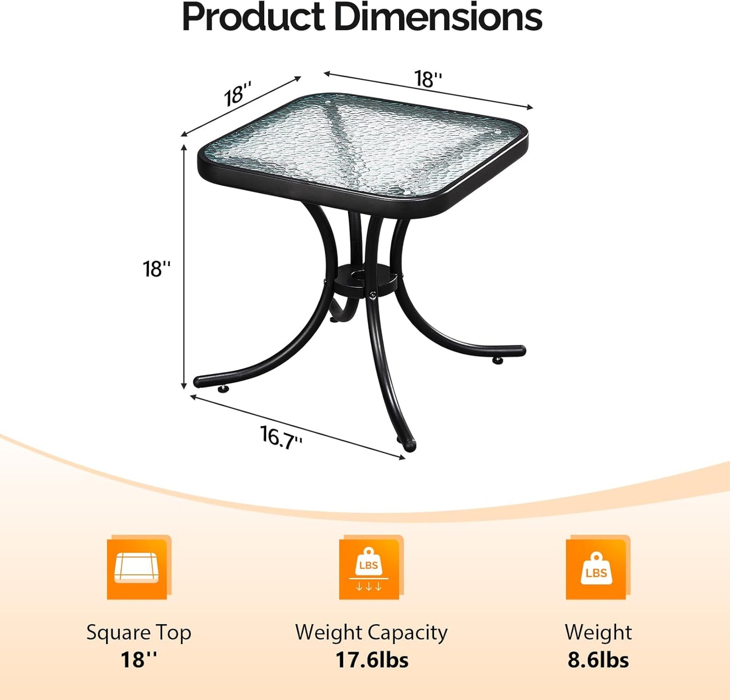 18" VINGLI Outdoor Side Table, Patio Table Steel Frame Tempered Glass Top, Weatherproof Small Tables for Balcony Garden
