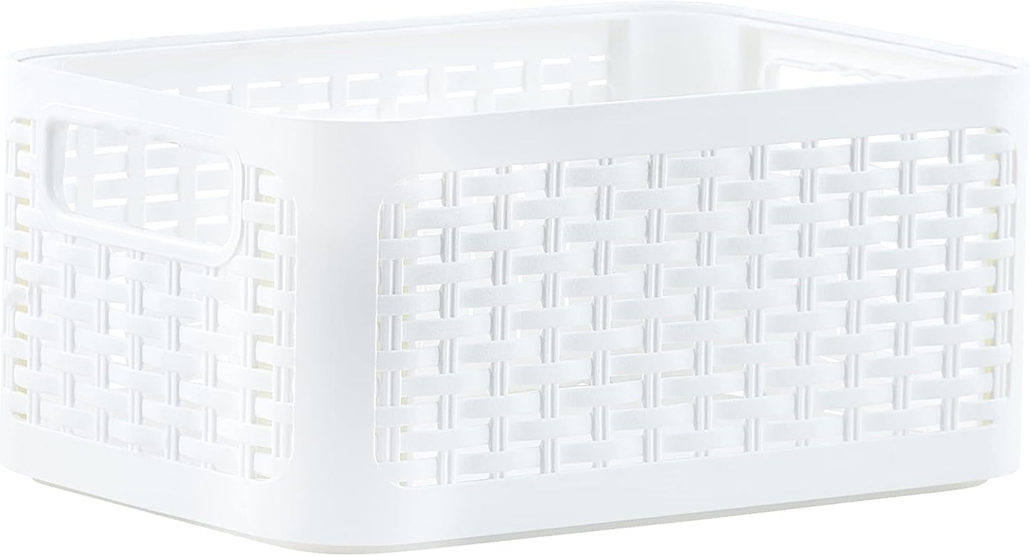 Superio Woven Plastic Storage Basket Box, 9 Quart, White - Wicker Home Organizer Shelf Bins for Closet, Handles