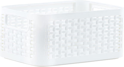 Superio Woven Plastic Storage Basket Box, 9 Quart, White - Wicker Home Organizer Shelf Bins for Closet, Handles