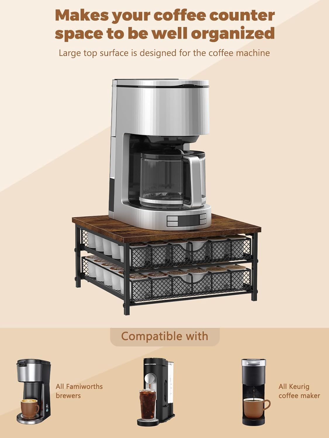 MOOACE Coffee Pod Holder for K Cup - 2 Tier Drawer Holder with Sliding Baskets, 72 Capacity Pods Organizer for Coffee