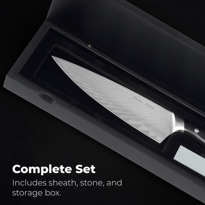 Master Maison 8" Damascus Steel Chef Knife: Full-Tang Black Handle with Japanese Mosaic Rivet, AUS-10 Ultra-Sharp Stainless Steel Japanese Chef Knife, Damascus Chef Knife, Wooden Storage Box & Extras