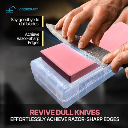 VIGORCRAFT Japanese Whetstone Set - Premium Knife Sharpening Stone Kit - 1000 and 3000 Grit Professional Sharpener Stones with Angle Holder and Plastic Base