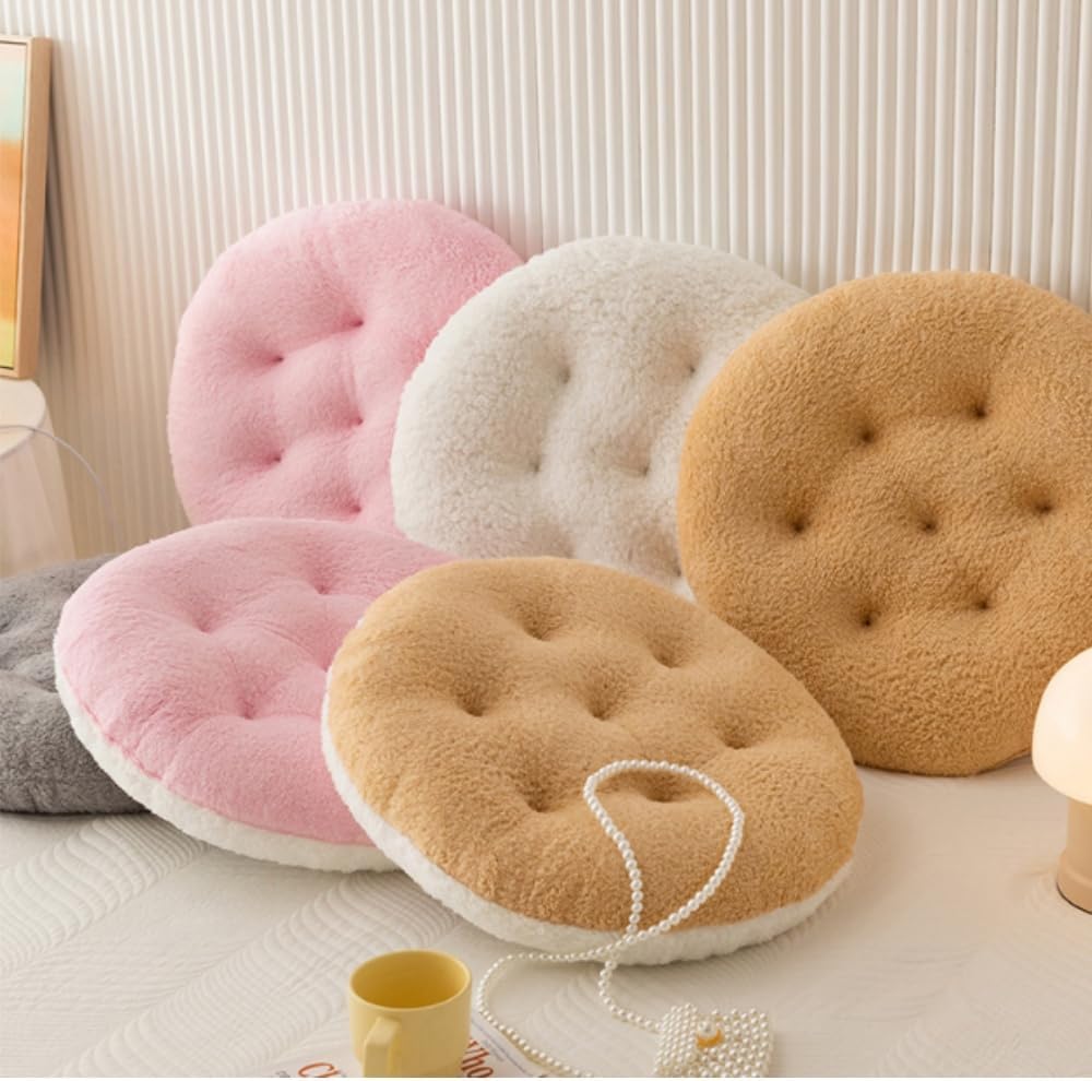 Super Soft Plush Washable Seat Cushion, Camel White Double Contrast Round Lamb Fleece for Kids Desk Chair 16 Inch