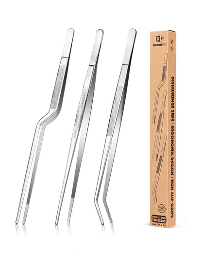 Fine Cooking Tweezers Set, Professional Stainless Steel Food Tongs, Kitchen Black Long Chef Tweezer for Cooking, Plating, Decorating and BBQ (SILVER, 12 inch)