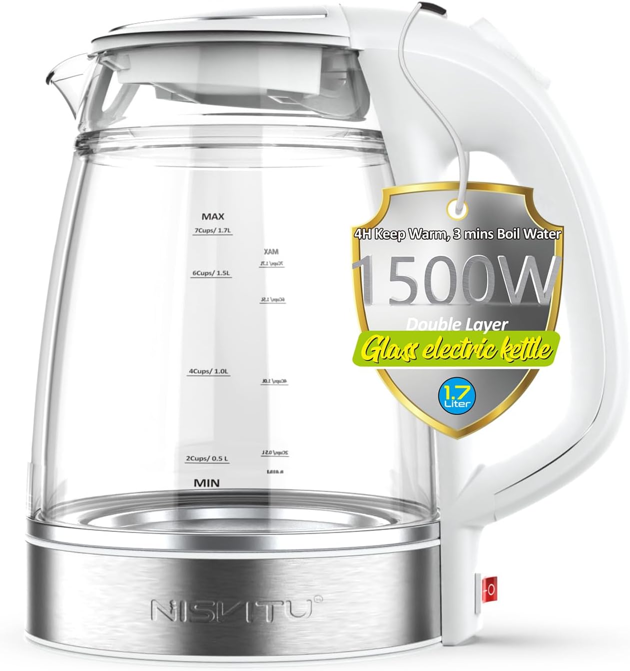 1500W, 1.7L, NISVITU Glass & Stainless Steel Cordless Electric kettle for boiling water, Hot water boiler Electric Tea