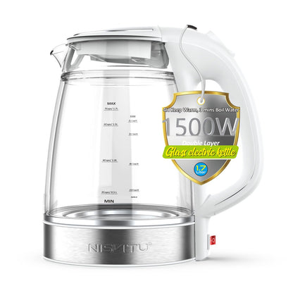 NISVITU 1.7L Dual Wall Cool Touch Electric Kettle, BPA-Free Borosilicate Glass Inner, PC Outer, 1500W Fast Boil Cordless Hot Water Boiler & Electric Tea Kettle, Keep Warm, Auto Shut-Off, White