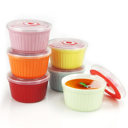 Ramekins with Lids 8 Oz - Set of 6, Ceramic Souffle Creme Brulee Ramekins with Covers, Colorful Custard Cups for Baking, Ceramic Custard Cups Safe and Dishwash Safe