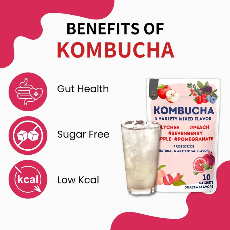Korean Kombucha Tea, Powder 5g x 10 Sachets (50g/3.52oz) Probiotics, Prebiotics, Sugar Free, Diet Tea, Healthy Drink (5 Variety Flavor)