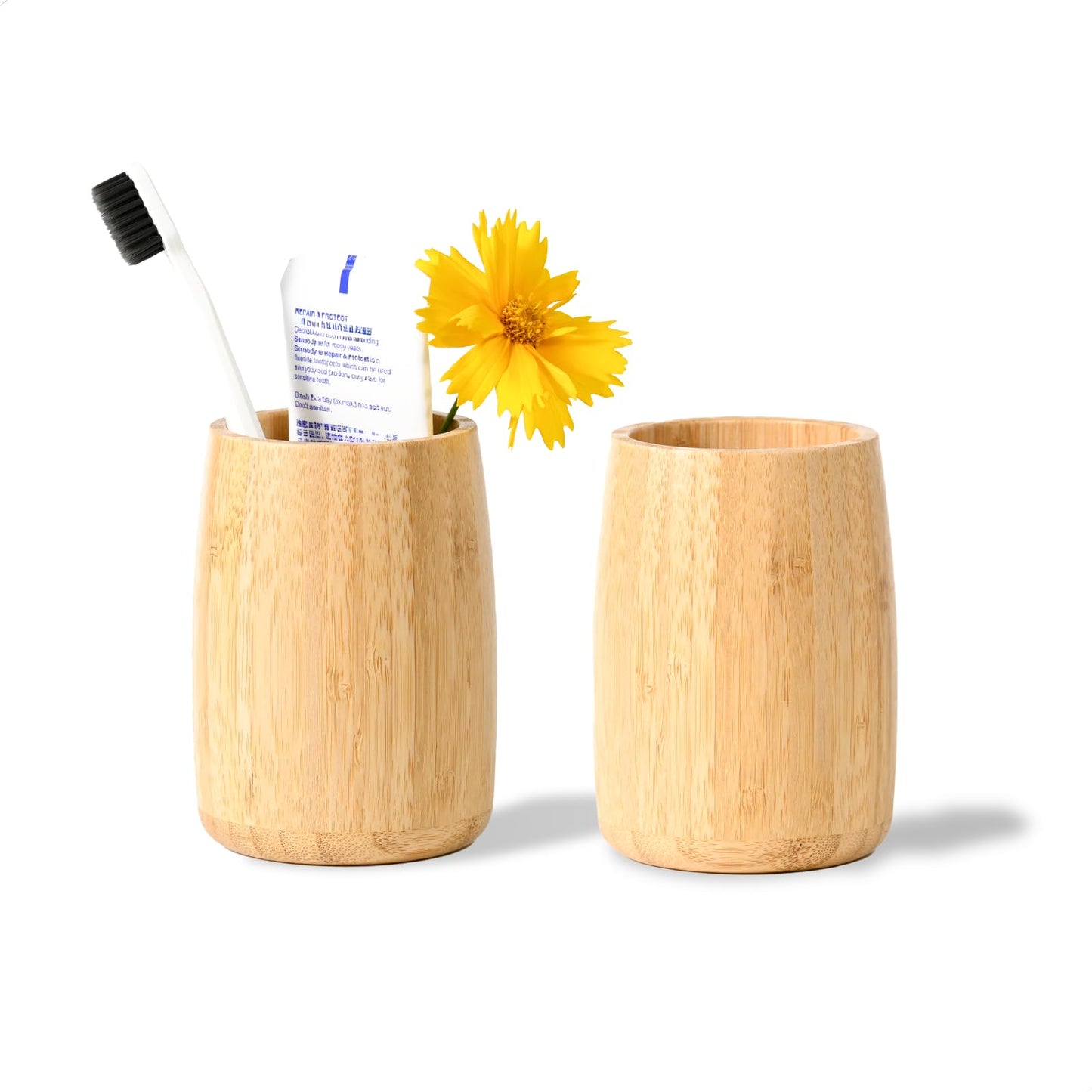 ABBI NIMO Natural Bamboo Toothbrush Holder 2 Pack, Simple Minimal Cylindrical Tumbler for Bathroom Countertop, Unbreakable Makeup Brush or Pen Organizer, Desktop Accessory