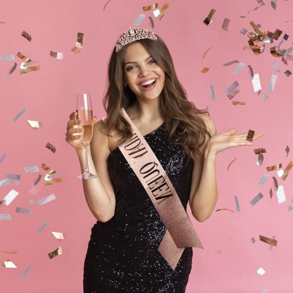 Didder Tiaras for Women, Crystal Rose Gold Birthday Queen Sash, Elegant Princess Crown with Combs for Girls Party